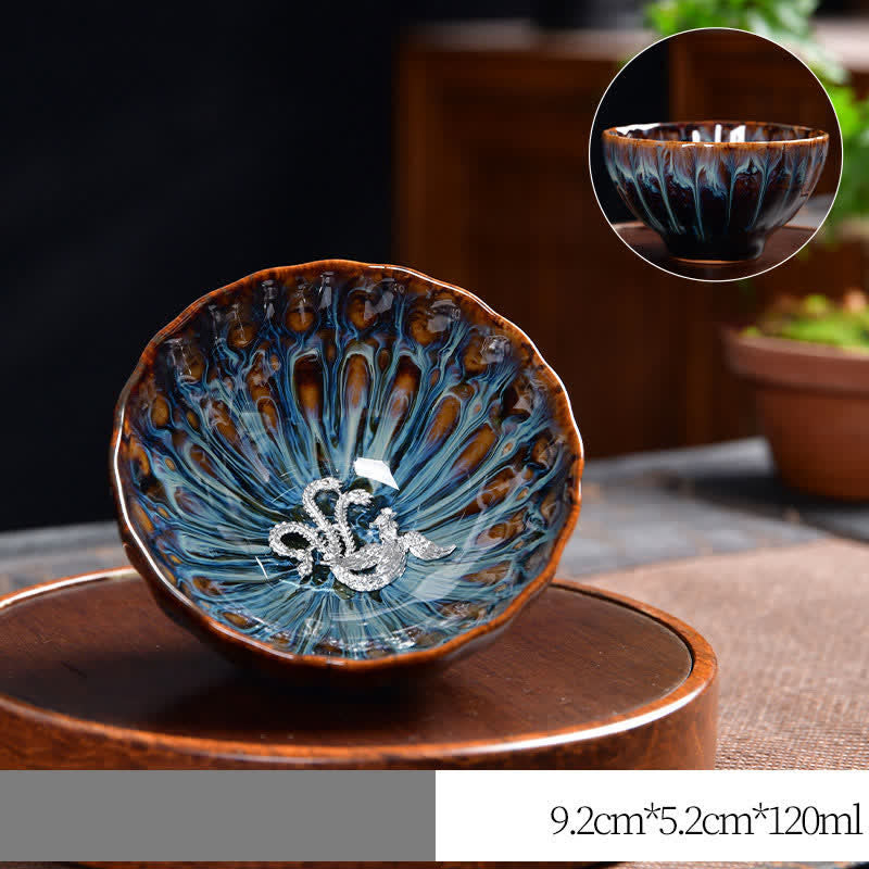 Tasse à thé zen en céramique 120 ml | Symbolisme du lotus, du paon et du dragon