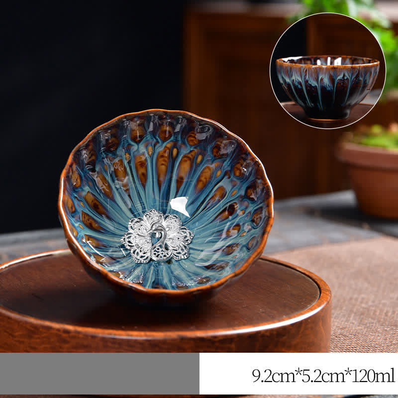 Tasse à thé zen en céramique 120 ml | Symbolisme du lotus, du paon et du dragon