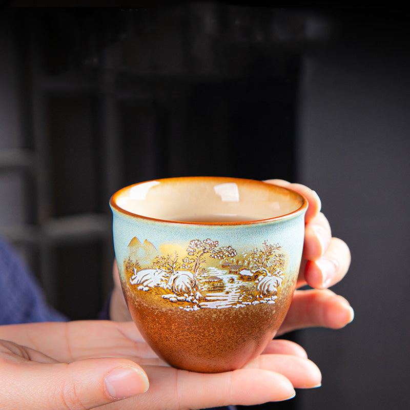 Tasse à thé zen en céramique avec motifs de cerfs et de montagnes 150 ml