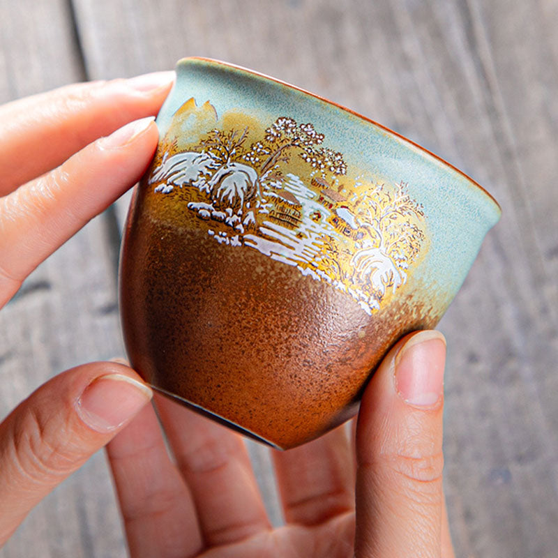 Tasse à thé zen en céramique avec motifs de cerfs et de montagnes 150 ml