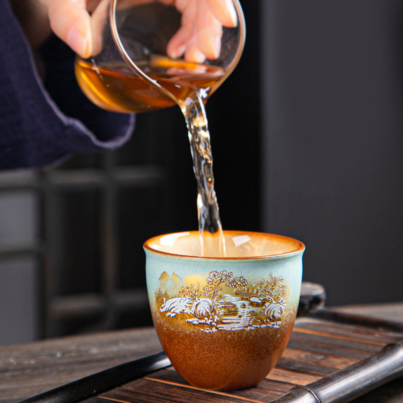 Tasse à thé zen en céramique avec motifs de cerfs et de montagnes 150 ml