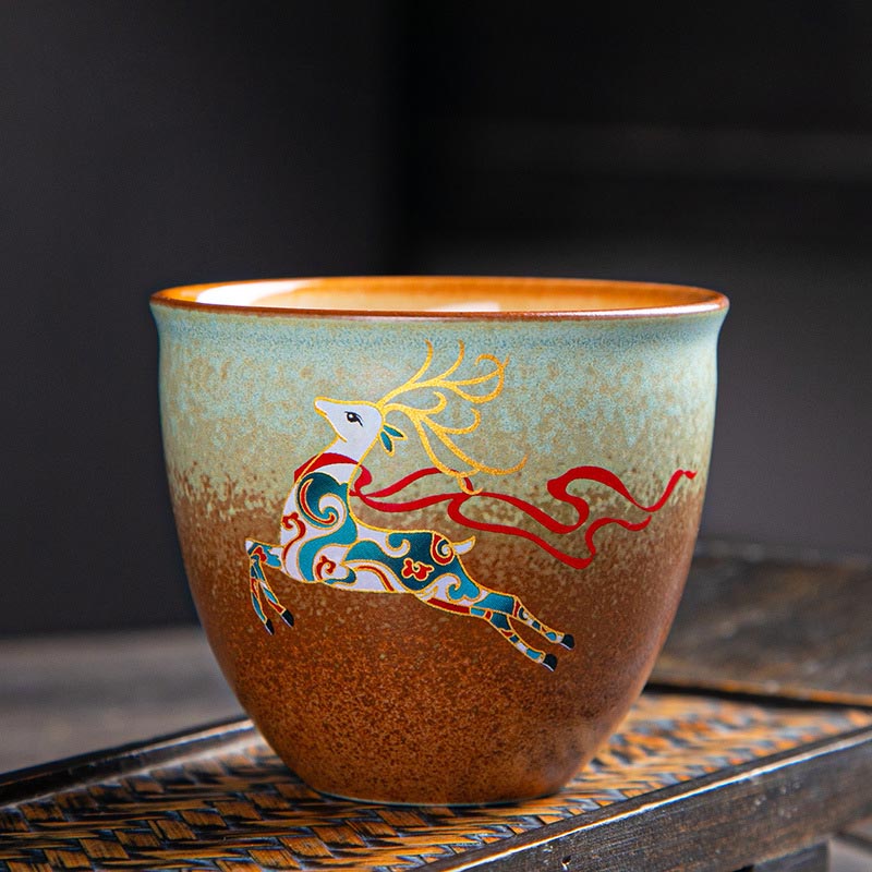 Tasse à thé zen en céramique avec motifs de cerfs et de montagnes 150 ml