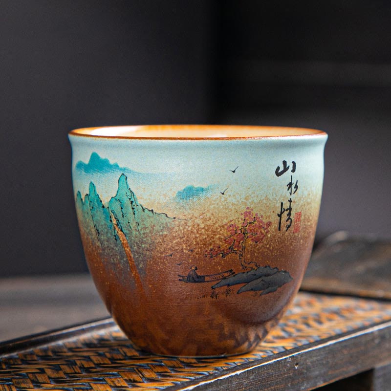 Tasse à thé zen en céramique avec motifs de cerfs et de montagnes 150 ml
