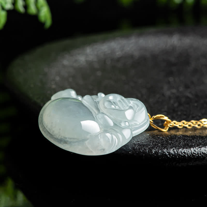 Collier pendentif Bouddha rieur en jade, or 18 carats, pour l'abondance