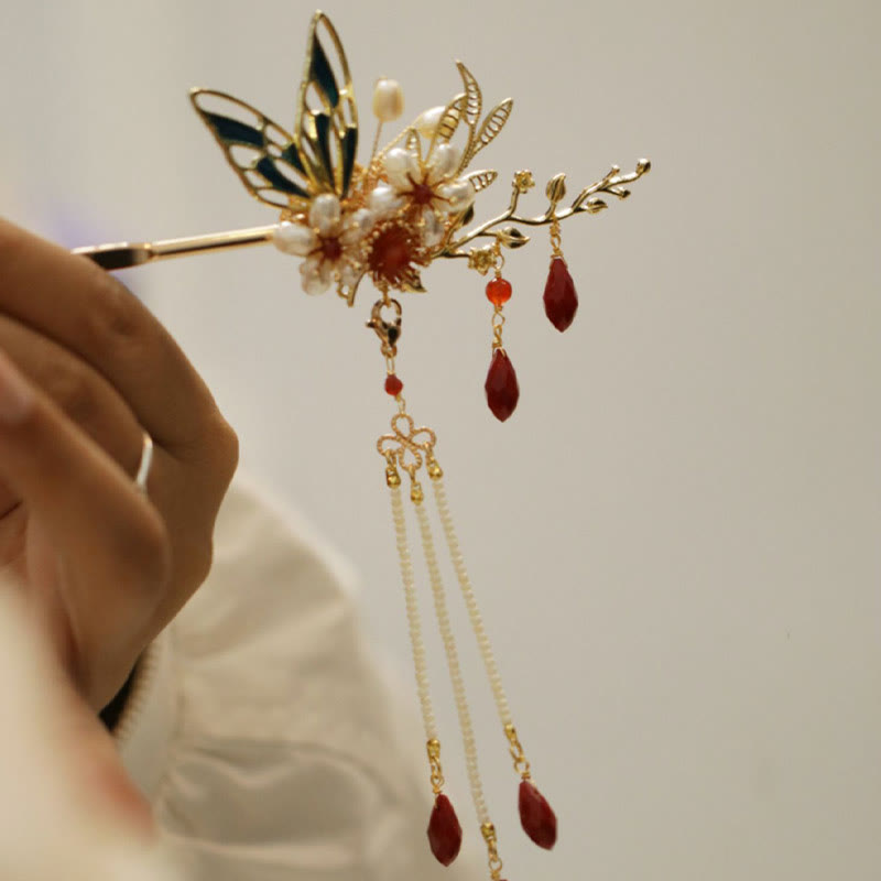 Red Flower Butterfly Pearl Tassel Hair Clip Comb Crown, Spiritual Jewelry