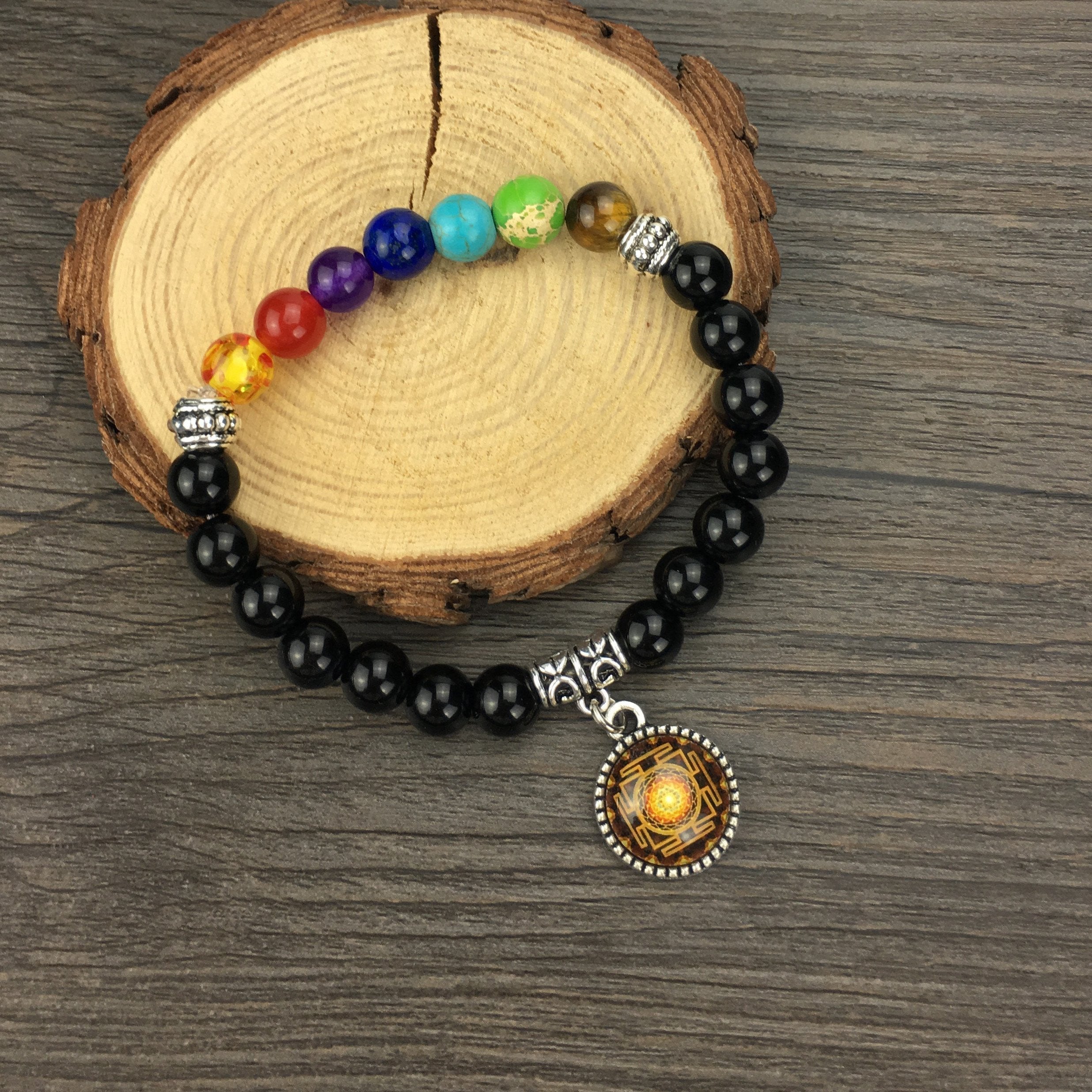 Bracelet Sri Yantra d'équilibrage des chakras de 7,5 pouces