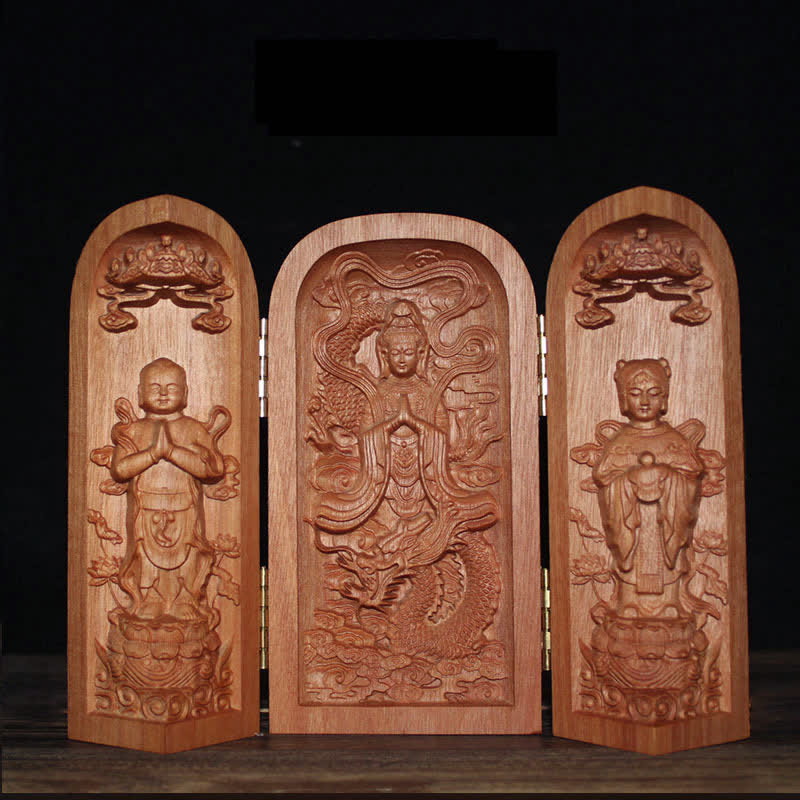 Décoration d'autel de bouddha Avalokitesvara Kwan Yin en bois de cerisier
