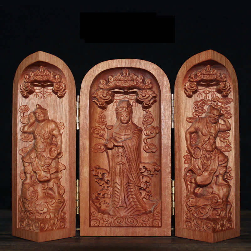 Décoration d'autel de bouddha Avalokitesvara Kwan Yin en bois de cerisier