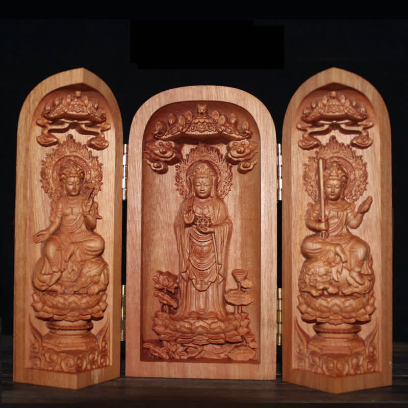 Décoration d'autel de bouddha Avalokitesvara Kwan Yin en bois de cerisier