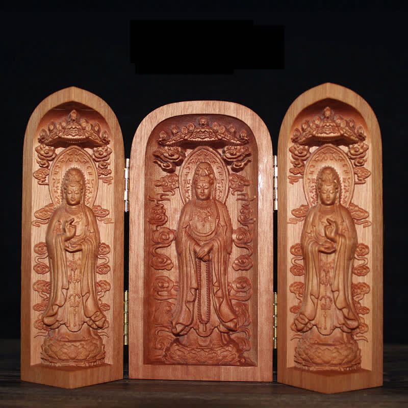 Décoration d'autel de bouddha Avalokitesvara Kwan Yin en bois de cerisier