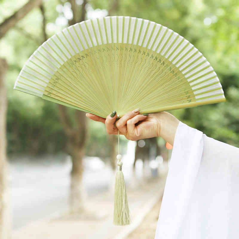 Éventail chinois pliable en soie de mûrier motif libellule 23 cm