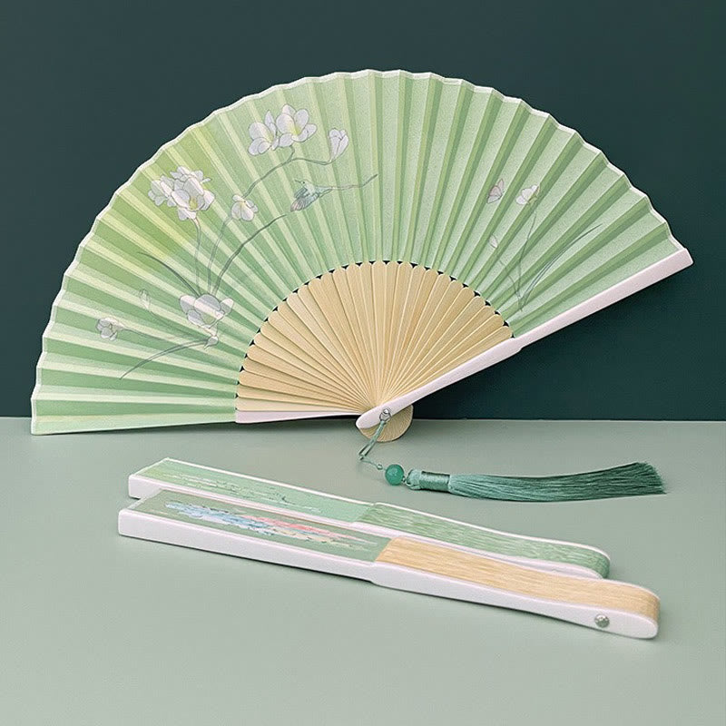 Éventail chinois pliable en bambou, motif orchidée, bégonia, 21-22 cm