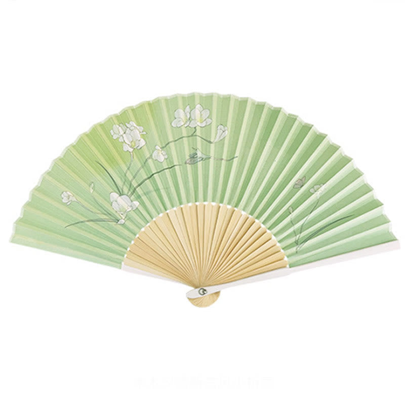 Éventail chinois pliable en bambou, motif orchidée, bégonia, 21-22 cm
