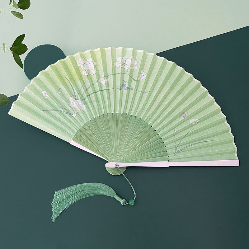 Éventail chinois pliable en bambou, motif orchidée, bégonia, 21-22 cm