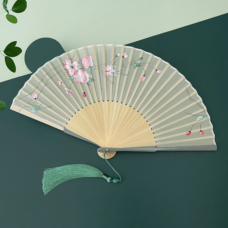 Éventail chinois pliable en bambou, motif orchidée, bégonia, 21-22 cm