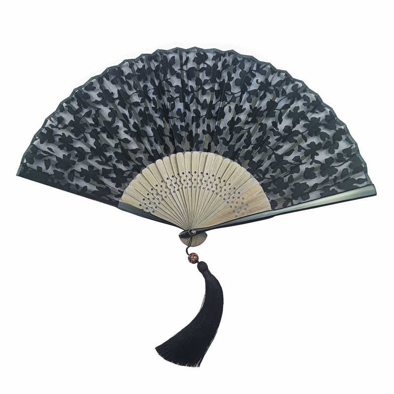 Éventail chinois pliable rétro en bambou et soie avec feuilles et fleurs