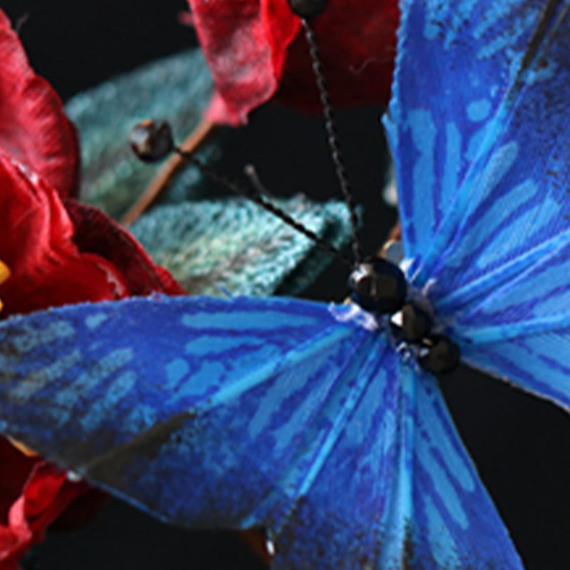 Épingle à cheveux chinoise | Motif fleur rouge et papillon bleu