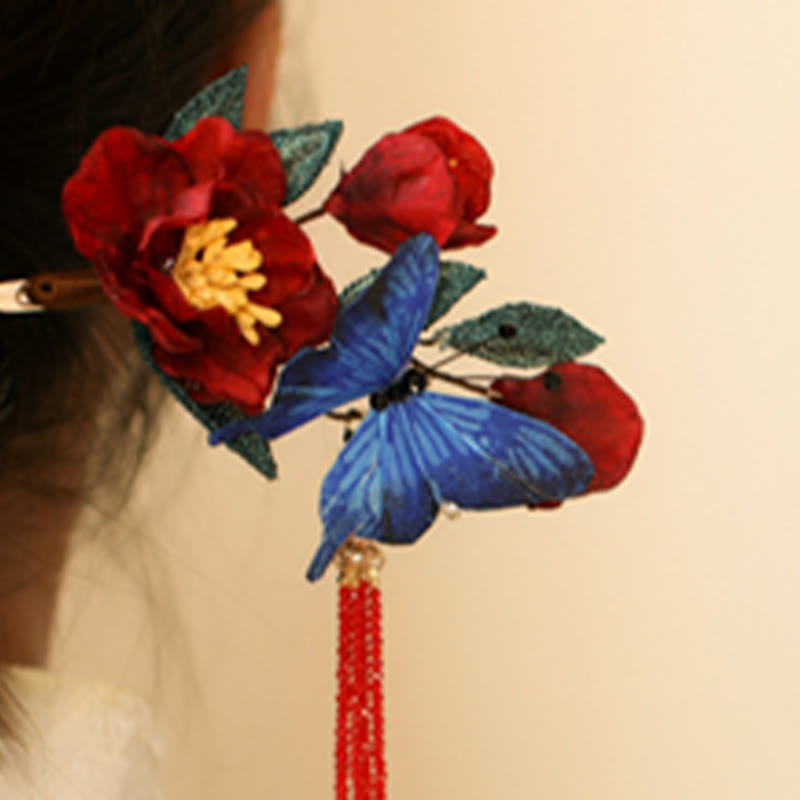 Épingle à cheveux chinoise | Motif fleur rouge et papillon bleu