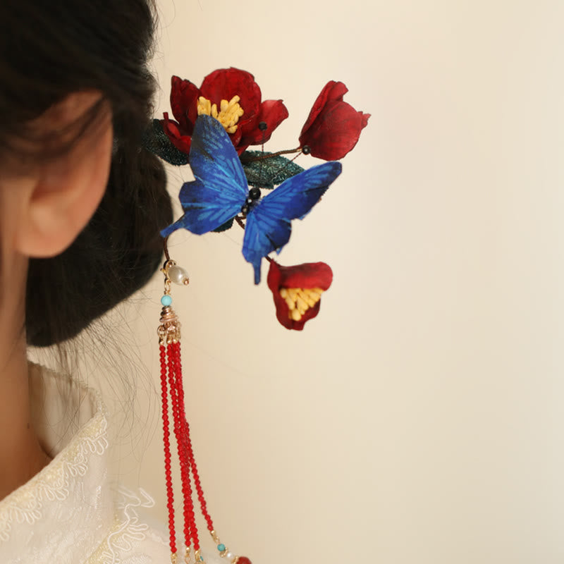 Épingle à cheveux chinoise | Motif fleur rouge et papillon bleu