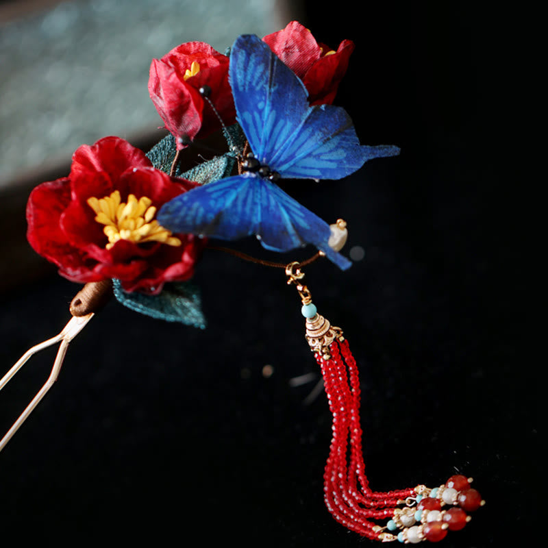 Épingle à cheveux chinoise | Motif fleur rouge et papillon bleu