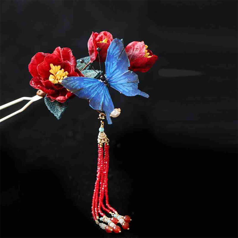 Épingle à cheveux chinoise | Motif fleur rouge et papillon bleu