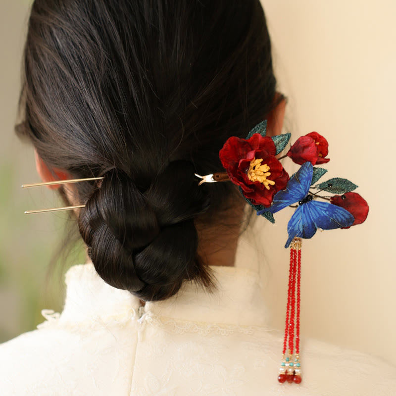Épingle à cheveux chinoise | Motif fleur rouge et papillon bleu
