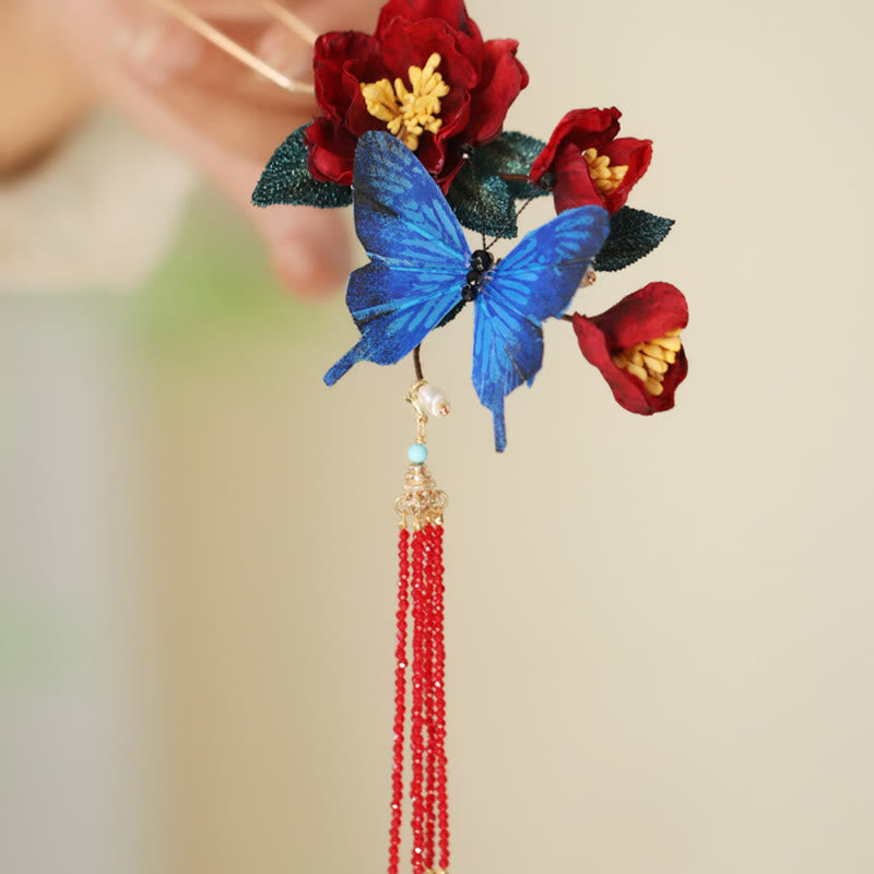Épingle à cheveux chinoise | Motif fleur rouge et papillon bleu