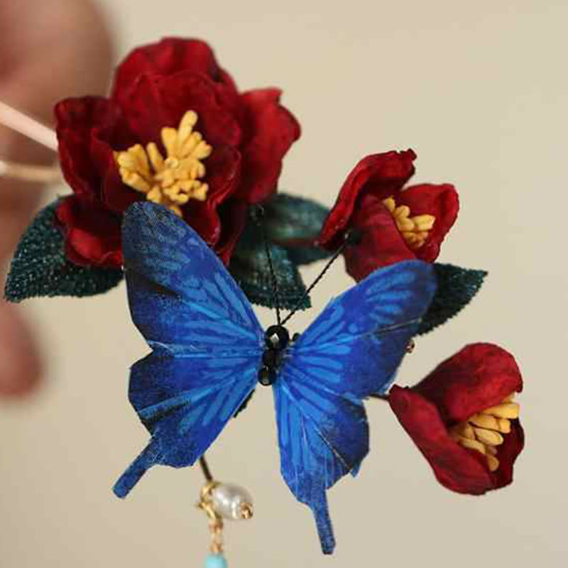 Épingle à cheveux chinoise | Motif fleur rouge et papillon bleu