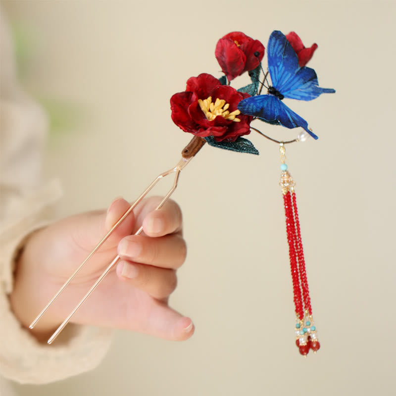 Épingle à cheveux chinoise | Motif fleur rouge et papillon bleu