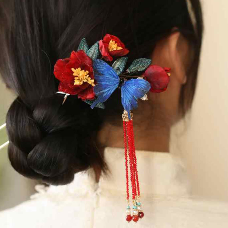 Épingle à cheveux chinoise | Motif fleur rouge et papillon bleu