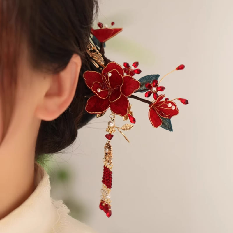 Peigne à cheveux chinois à pompon et fleur rouge en forme de papillon