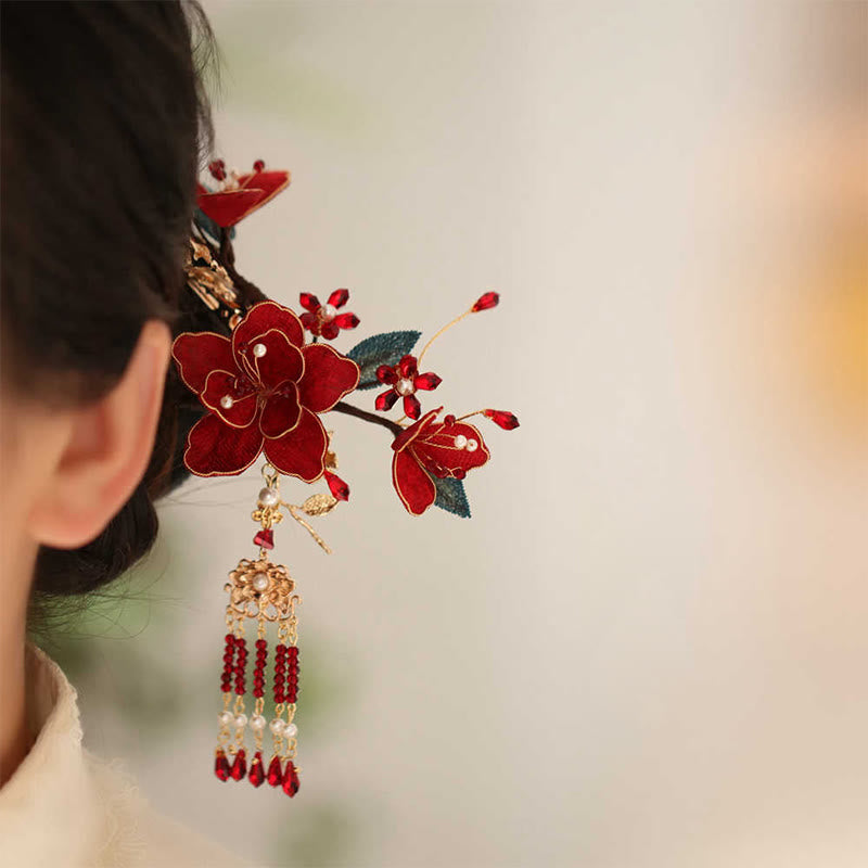 Peigne à cheveux chinois à pompon et fleur rouge en forme de papillon