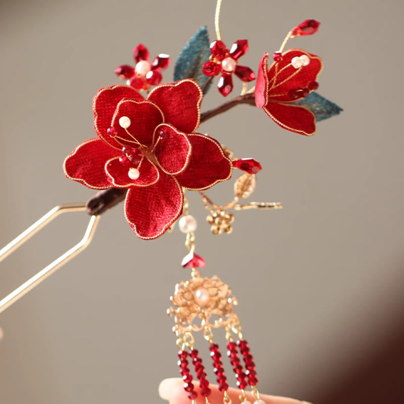 Peigne à cheveux chinois à pompon et fleur rouge en forme de papillon