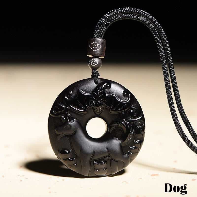 Collier pendentif force en obsidienne noire du zodiaque chinois