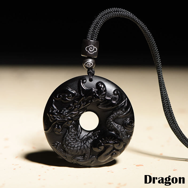 Collier pendentif force en obsidienne noire du zodiaque chinois