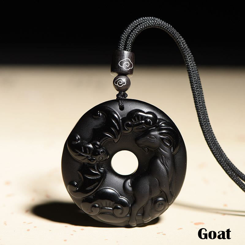 Collier pendentif force en obsidienne noire du zodiaque chinois