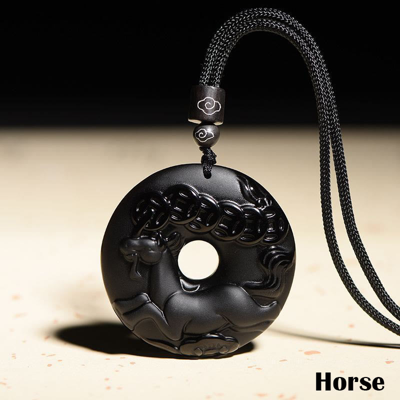 Collier pendentif force en obsidienne noire du zodiaque chinois