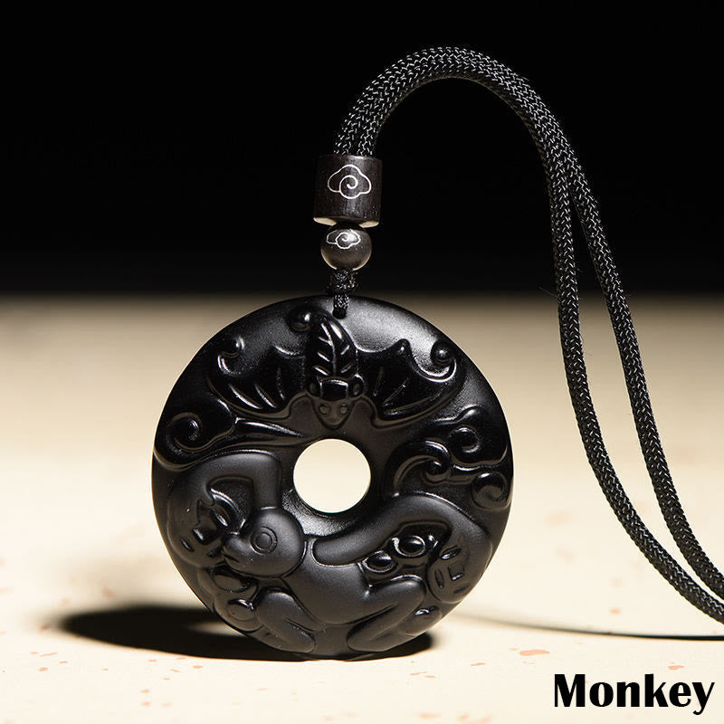 Collier pendentif force en obsidienne noire du zodiaque chinois
