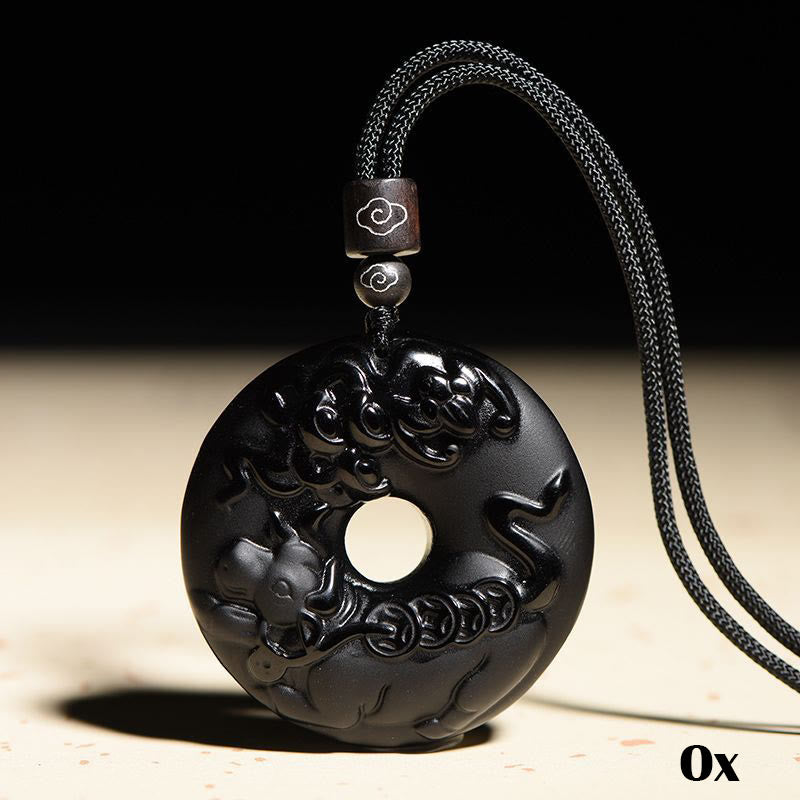 Collier pendentif force en obsidienne noire du zodiaque chinois