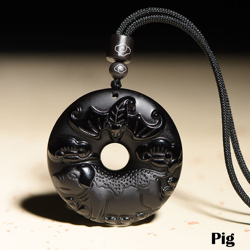 Collier pendentif force en obsidienne noire du zodiaque chinois