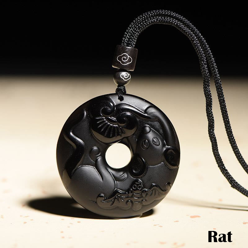 Collier pendentif force en obsidienne noire du zodiaque chinois