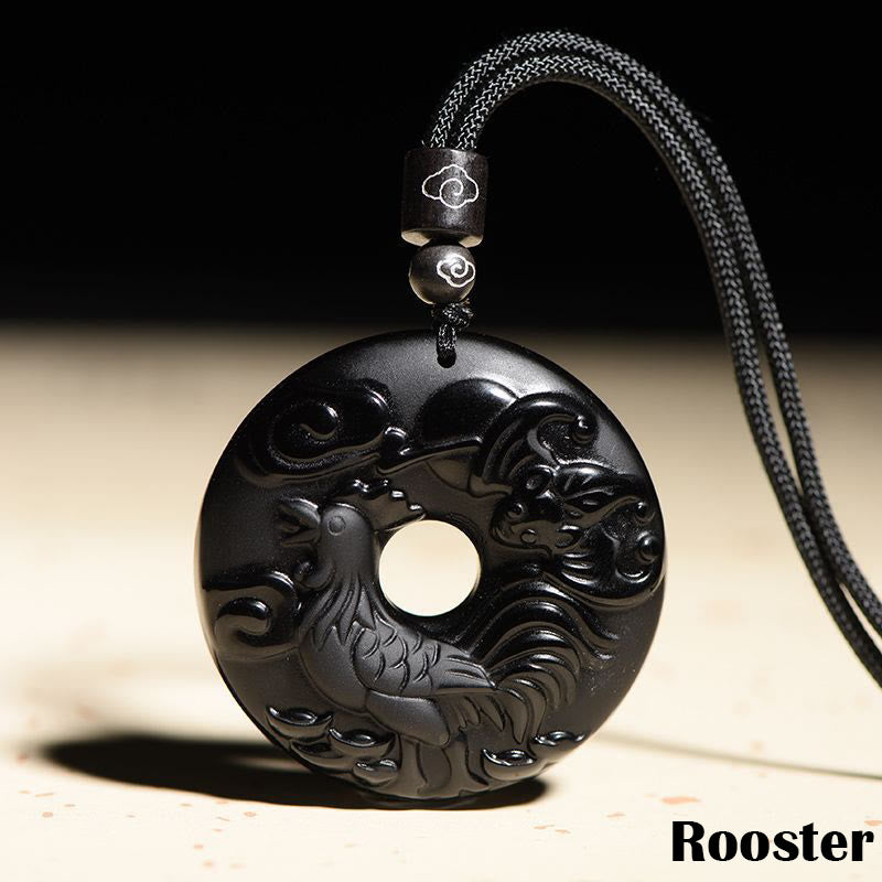 Collier pendentif force en obsidienne noire du zodiaque chinois
