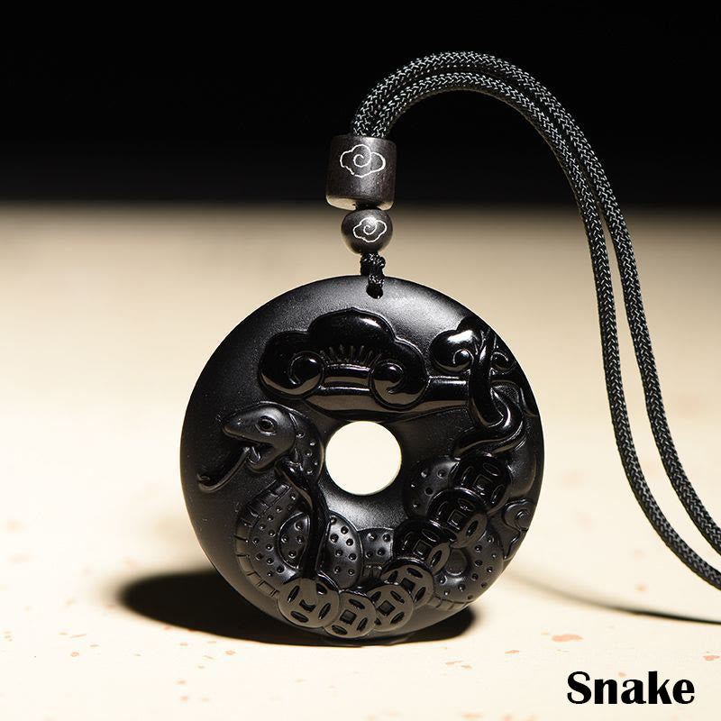 Collier pendentif force en obsidienne noire du zodiaque chinois