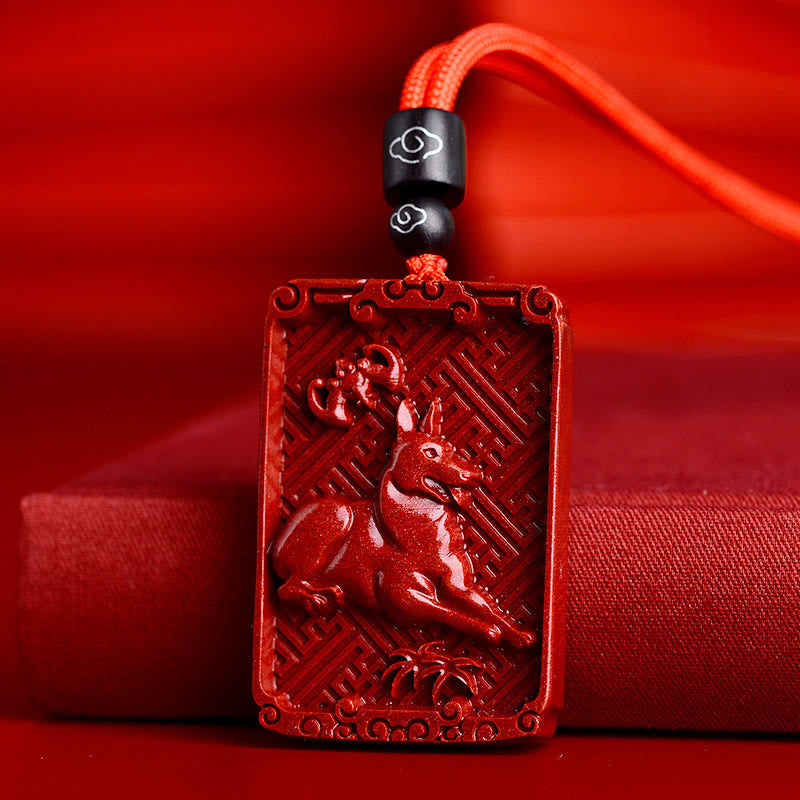 Collier en cinabre du zodiaque chinois | Pendentif rectangulaire Énergie calme