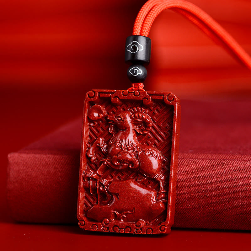 Collier en cinabre du zodiaque chinois | Pendentif rectangulaire Énergie calme