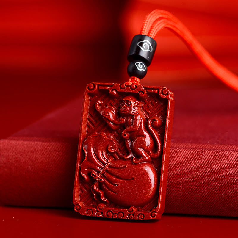 Collier en cinabre du zodiaque chinois | Pendentif rectangulaire Énergie calme