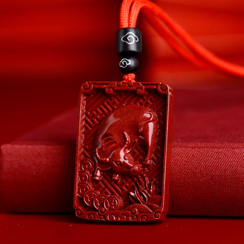 Collier en cinabre du zodiaque chinois | Pendentif rectangulaire Énergie calme