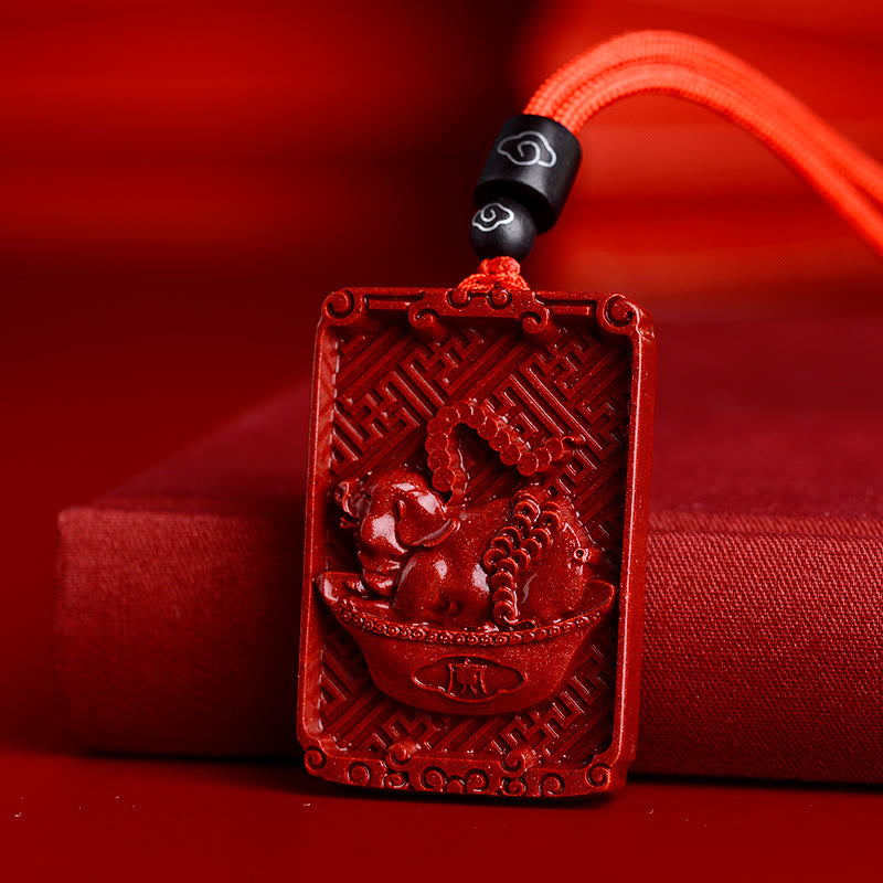 Collier en cinabre du zodiaque chinois | Pendentif rectangulaire Énergie calme