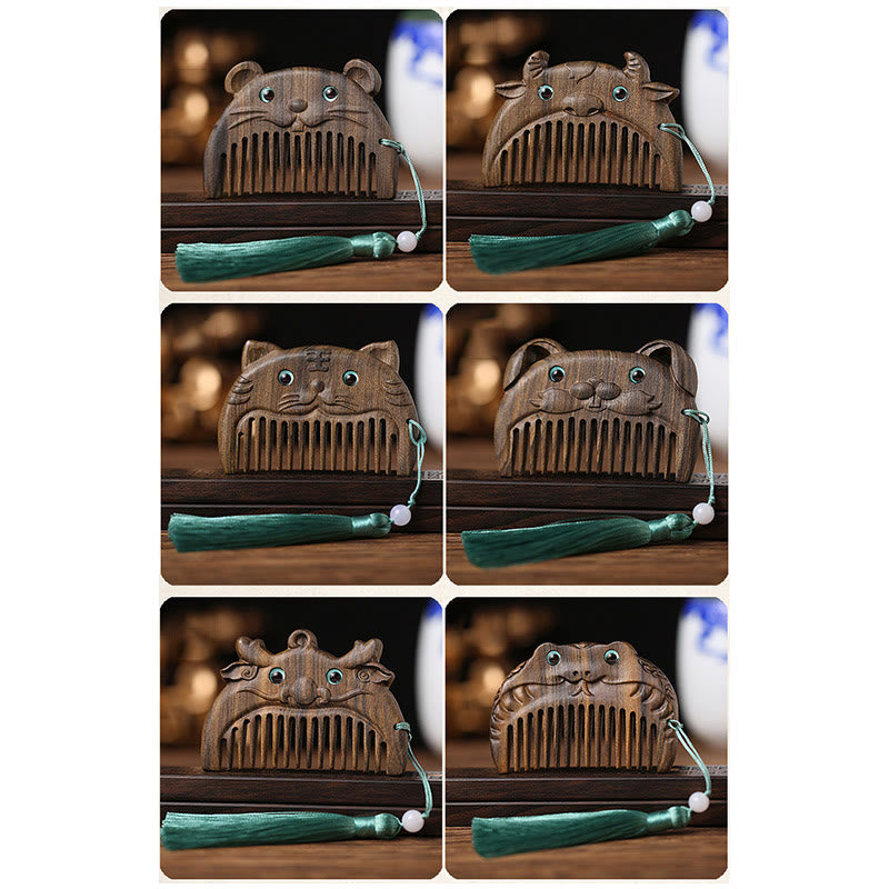 Mini peigne de paix en bois de santal vert du zodiaque chinois