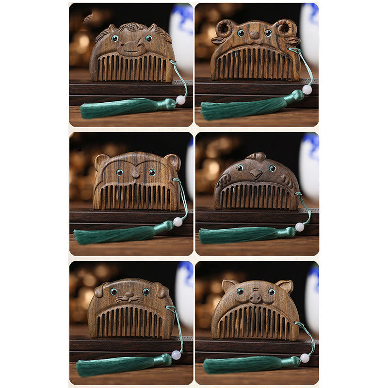 Mini peigne de paix en bois de santal vert du zodiaque chinois